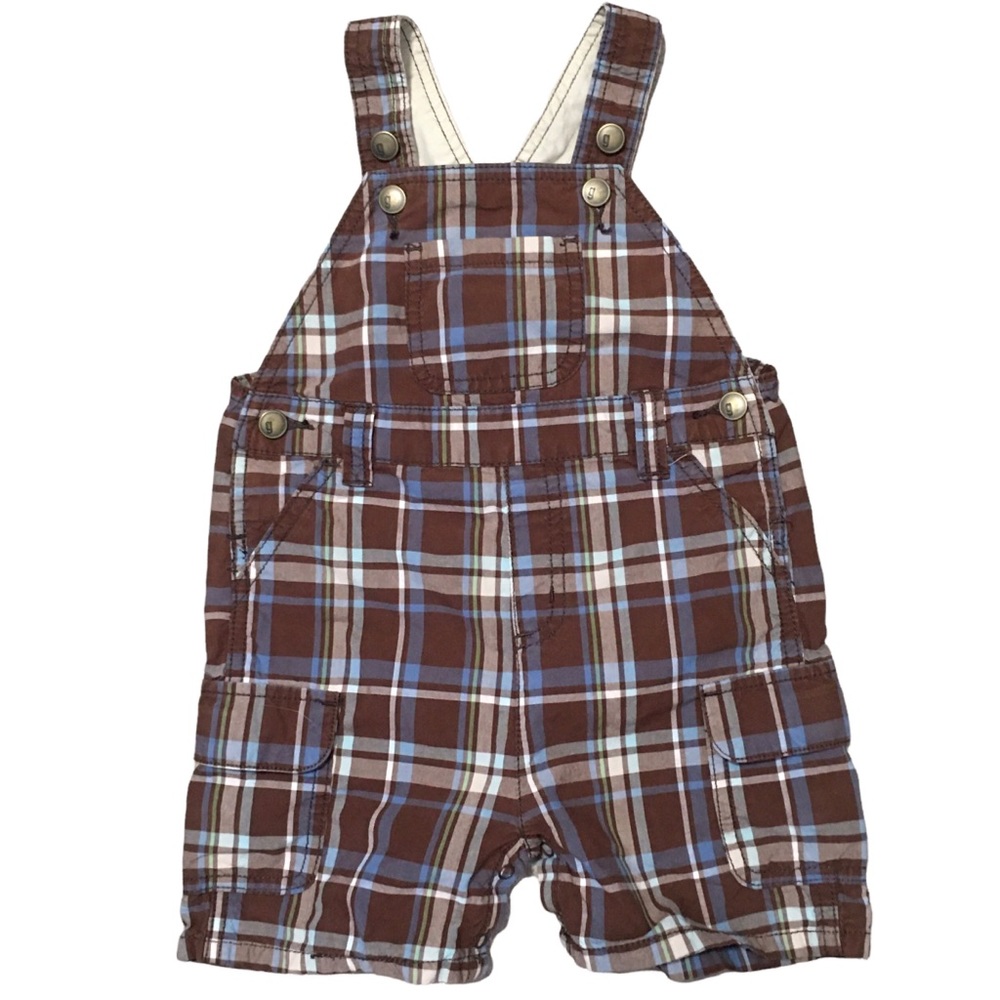 Gymboree 100% Cotton plaid overalls brown blue white Sz 12-18 mo. EUC